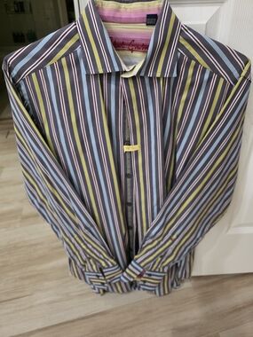 Robert Graham Brown Shirt with Yellow, Blue & Pink Stripes